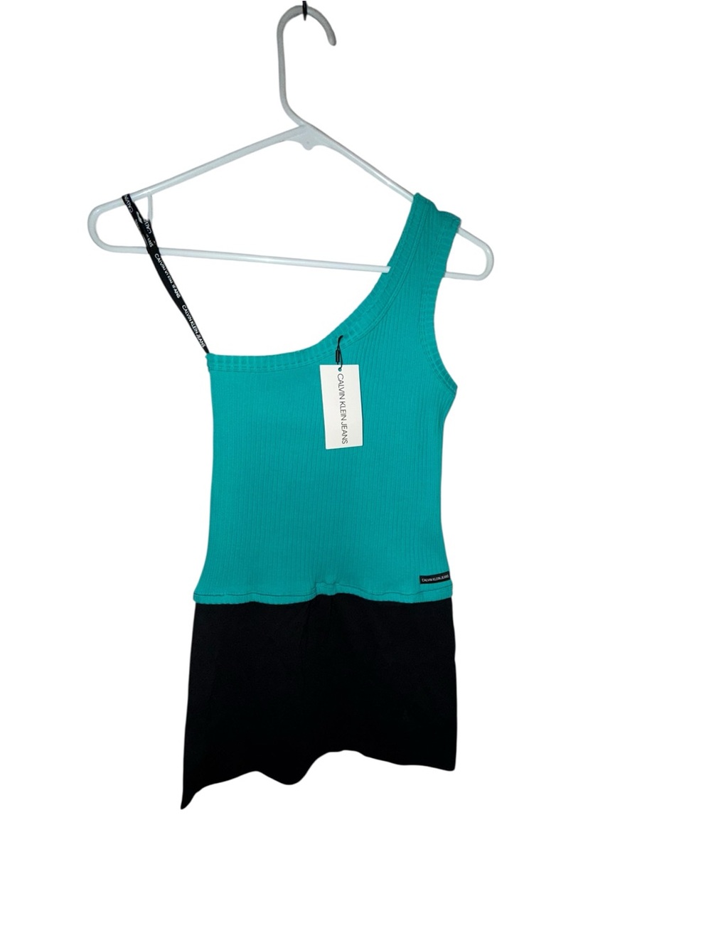 Calvin Klein Jeans Asymmetric One-Shoulder Tank in Teal and Black